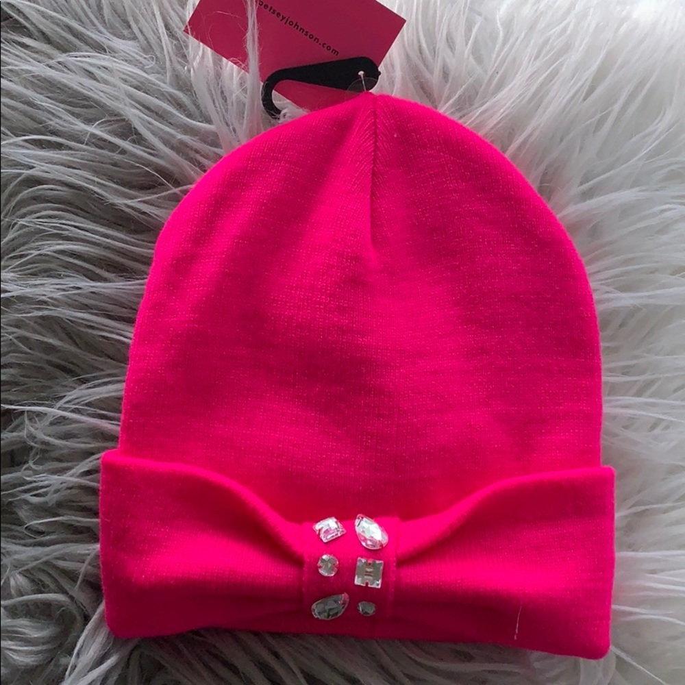 New Betsey Johnson hot‎ pink bejeweled hat